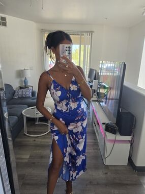 Floral Blue Satin Slip Dress with Spaghetti Straps